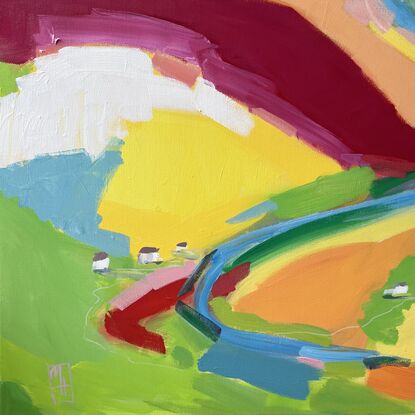 Colourful bright abstract landscape with pink, yellow, orange, red, blue and green.