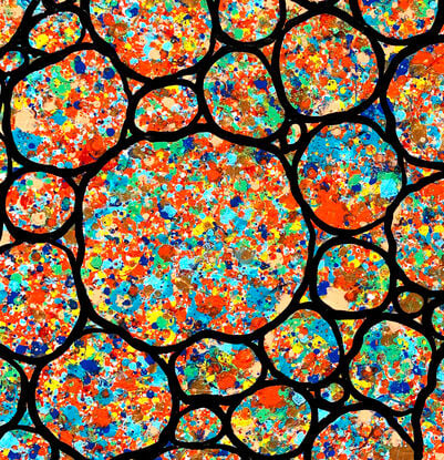 black outlined pebbles on an orange, blue, red, green, pink, gold background