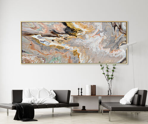 ABSTRACT painting of flowing colours: golds, light golds, ochre, chocolate, r pink, beige and cheeky hints of olive green
It has incredible depth while evoking a feeling of peace!
The closer you get to the painting the more of the interesting details and patterns you can see. Metallics add an extra depth because the painting changes personality when one views from different angles. The sage green adds an extra strip of class. it fits in to almost any type of room and on any colour wall.
it is a liquid pour using a newly created technique