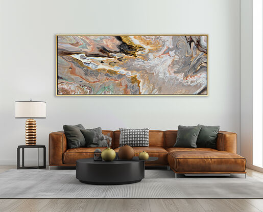 ABSTRACT painting of flowing colours: golds, light golds, ochre, chocolate, r pink, beige and cheeky hints of olive green
It has incredible depth while evoking a feeling of peace!
The closer you get to the painting the more of the interesting details and patterns you can see. Metallics add an extra depth because the painting changes personality when one views from different angles. The sage green adds an extra strip of class. it fits in to almost any type of room and on any colour wall.
it is a liquid pour using a newly created technique