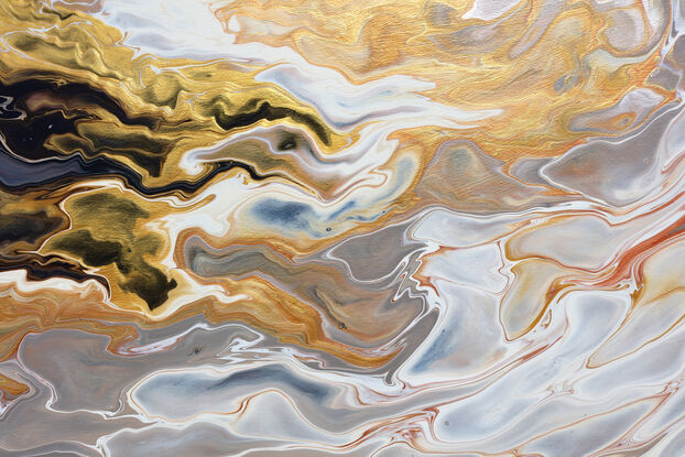 ABSTRACT painting of flowing colours: golds, light golds, ochre, chocolate, r pink, beige and cheeky hints of olive green
It has incredible depth while evoking a feeling of peace!
The closer you get to the painting the more of the interesting details and patterns you can see. Metallics add an extra depth because the painting changes personality when one views from different angles. The sage green adds an extra strip of class. it fits in to almost any type of room and on any colour wall.
it is a liquid pour using a newly created technique