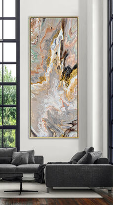 ABSTRACT painting of flowing colours: golds, light golds, ochre, chocolate, r pink, beige and cheeky hints of olive green
It has incredible depth while evoking a feeling of peace!
The closer you get to the painting the more of the interesting details and patterns you can see. Metallics add an extra depth because the painting changes personality when one views from different angles. The sage green adds an extra strip of class. it fits in to almost any type of room and on any colour wall.
it is a liquid pour using a newly created technique