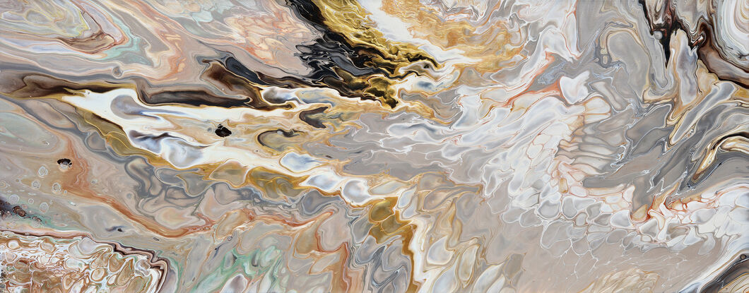 ABSTRACT painting of flowing colours: golds, light golds, ochre, chocolate, r pink, beige and cheeky hints of olive green
It has incredible depth while evoking a feeling of peace!
The closer you get to the painting the more of the interesting details and patterns you can see. Metallics add an extra depth because the painting changes personality when one views from different angles. The sage green adds an extra strip of class. it fits in to almost any type of room and on any colour wall.
it is a liquid pour using a newly created technique