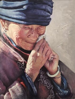 A detailed portrait of an elderly woman, wiping away a tear with a handkerchief. Her face shows deep wrinkles, and she wears a blue headscarf along with traditional clothing. Her expression is tender and introspective, with soft light emphasizing the texture of her skin and hands. The simple background keeps the focus on the woman’s face and her emotional gesture.