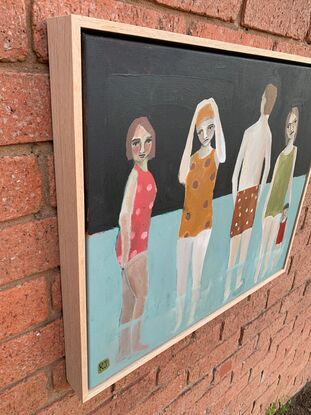 The painting depicts three women, a man and a child standing in the water at the beach. They are all wearing swimming costumes. The background is blue and black. 