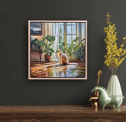 Painting of an elegant interior featuring a white cat