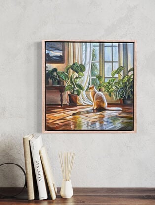 Painting of an elegant interior featuring a white cat