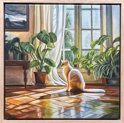 Painting of an elegant interior featuring a white cat