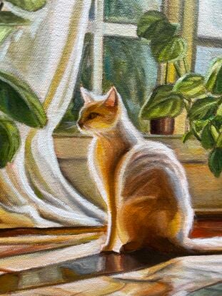 Painting of an elegant interior featuring a white cat