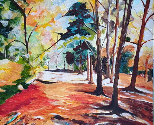 a  quirky piece of a colourful walking track in warm autumn hues leading towards light with trees on either side with tones of teal and dark green mixed with ochre yellow and orange tones