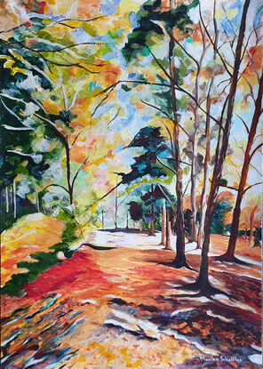 a  quirky piece of a colourful walking track in warm autumn hues leading towards light with trees on either side with tones of teal and dark green mixed with ochre yellow and orange tones