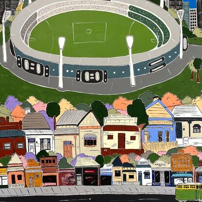 Large Melbourne cityscape, featuring MCG, Yarra bridge, skyline tram and gardens. Full of details and nostalgic Melbourne moments. 