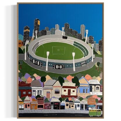 Large Melbourne cityscape, featuring MCG, Yarra bridge, skyline tram and gardens. Full of details and nostalgic Melbourne moments. 