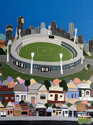 Large Melbourne cityscape, featuring MCG, Yarra bridge, skyline tram and gardens. Full of details and nostalgic Melbourne moments. 