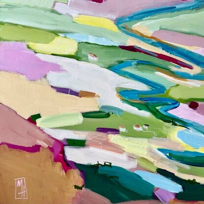 Colourful abstract landscape with pink, yellow, blue, green and ochres.