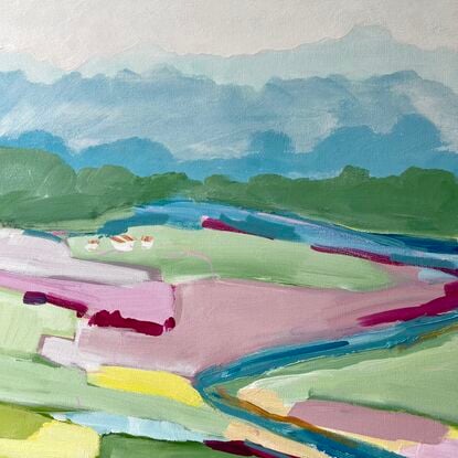 Colourful abstract landscape with pink, yellow, blue, green and ochres.