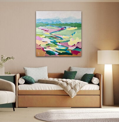 Colourful abstract landscape with pink, yellow, blue, green and ochres.