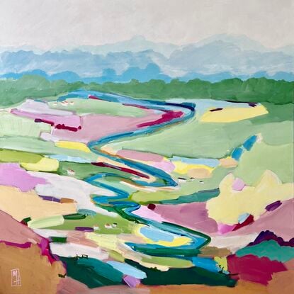 Colourful abstract landscape with pink, yellow, blue, green and ochres.