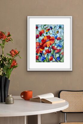 Red poppies, bee and corn flowers