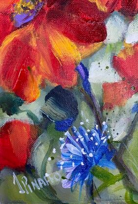 Red poppies, bee and corn flowers