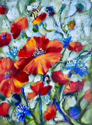 Red poppies, bee and corn flowers