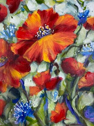 Red poppies, bee and corn flowers