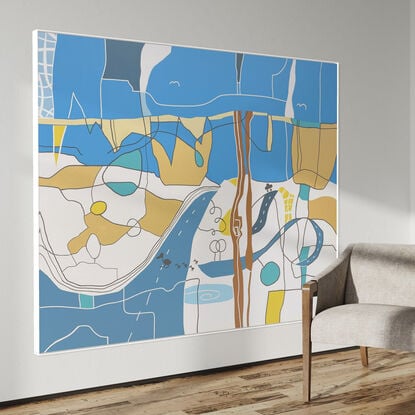 A crisp, playful pop art piece with gray & white line art image with pops of vibrant blues & warm tones.