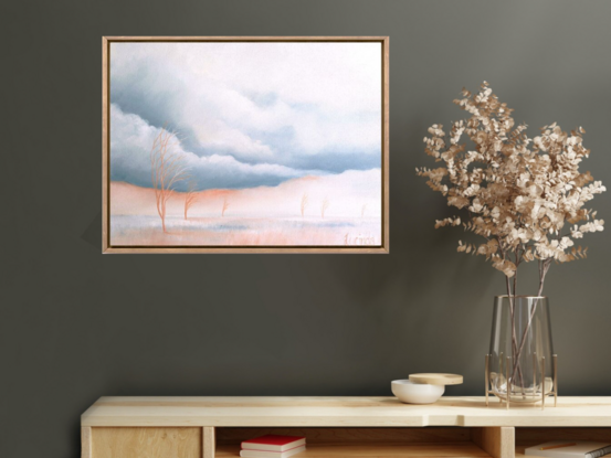 Oil painting, landscape, Australiana, trees, small, soft morning light, panorama, pinks and corals and blue grey in the sky, and in the grassy plain below, Lucinda Leveille, original art, framed in oak