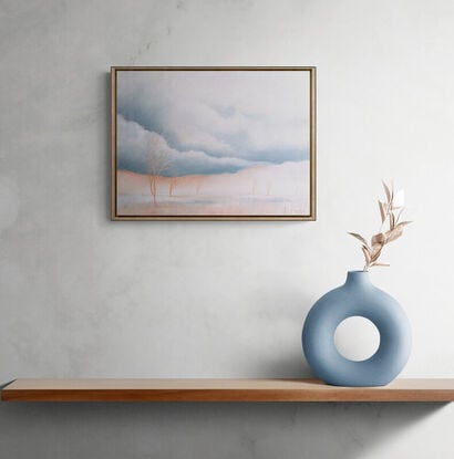 Oil painting, landscape, Australiana, trees, small, soft morning light, panorama, pinks and corals and blue grey in the sky, and in the grassy plain below, Lucinda Leveille, original art, framed in oak