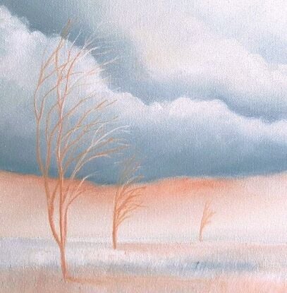 Oil painting, landscape, Australiana, trees, small, soft morning light, panorama, pinks and corals and blue grey in the sky, and in the grassy plain below, Lucinda Leveille, original art, framed in oak