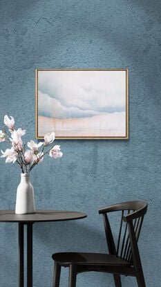 Oil painting, landscape, Australiana, trees, small, soft morning light, panorama, pinks and corals and blue grey in the sky, and in the grassy plain below, Lucinda Leveille, original art, framed in oak