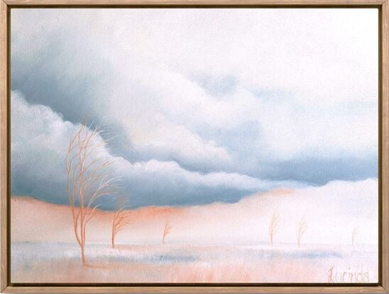 Oil painting, landscape, Australiana, trees, small, soft morning light, panorama, pinks and corals and blue grey in the sky, and in the grassy plain below, Lucinda Leveille, original art, framed in oak