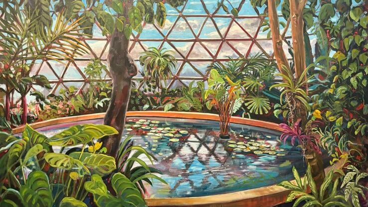 Blue water pool with reflections, plants, tropical plants, glass dome of Mt Coot-tha gardens. waterlilies