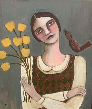 The painting depicts the head and shoulders of a girl. There is a brown bird on one shoulder of the girl. The girl is holding yellow flowers. The background is blue. 