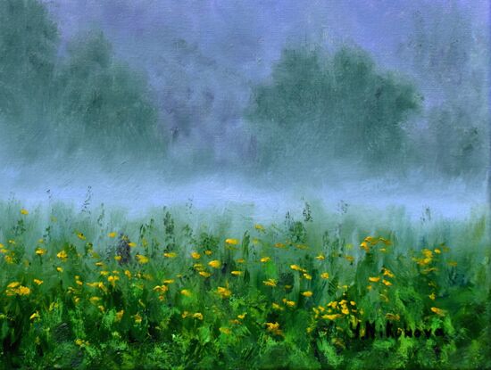 Landscape painting with wildflowers in the meadow and morning fog over the woods under the sky with the first colors of dawn