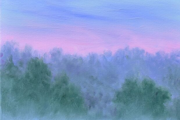 Landscape painting with wildflowers in the meadow and morning fog over the woods under the sky with the first colors of dawn