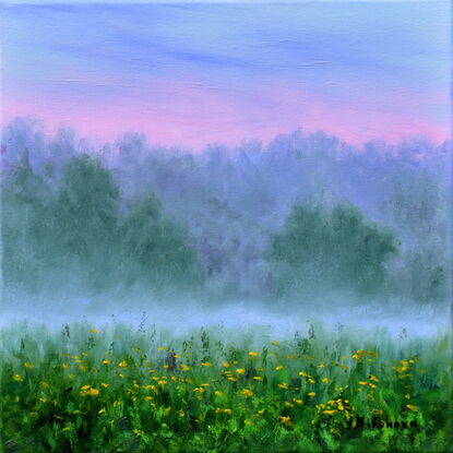 Landscape painting with wildflowers in the meadow and morning fog over the woods under the sky with the first colors of dawn