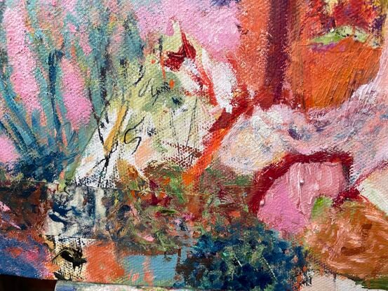 An abstract expressionist painting of an imaginary landscape. Colours include pink, orange, yellow, white, with blue and yellow foliage, and pink rocks.