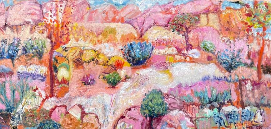 An abstract expressionist painting of an imaginary landscape. Colours include pink, orange, yellow, white, with blue and yellow foliage, and pink rocks.