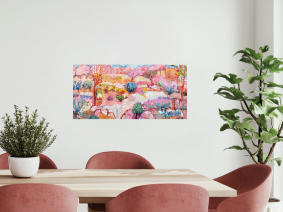 An abstract expressionist painting of an imaginary landscape. Colours include pink, orange, yellow, white, with blue and yellow foliage, and pink rocks.