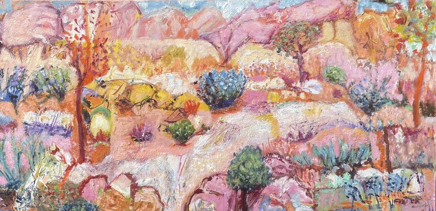 An abstract expressionist painting of an imaginary landscape. Colours include pink, orange, yellow, white, with blue and yellow foliage, and pink rocks.