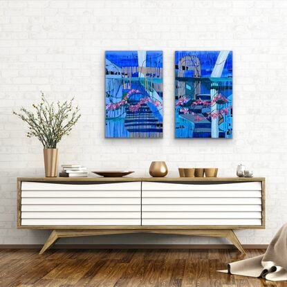 Abstract blue cityscape with staircases