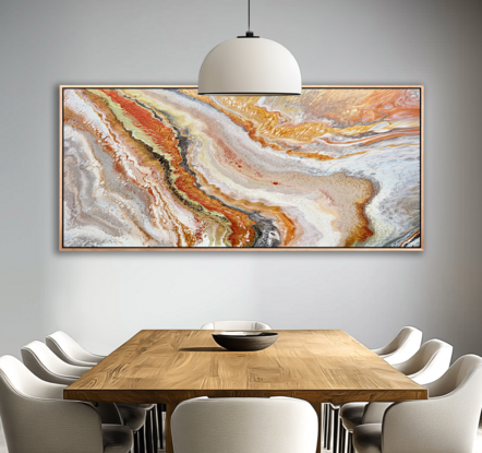 ABSTRACT painting of flowing colours: golds, light golds, ochre, chocolate, champagne pink pink, beige and cheeky hints of olive green
It has incredible depth while evoking a feeling of peace!
The closer you get to the painting the more of the interesting details and patterns you can see. Metallics add an extra depth because the painting changes personality when one views from different angles. The sage green adds an extra strip of class. it fits in to almost any type of room and on any colour wall.
it is a liquid pour 