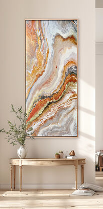 ABSTRACT painting of flowing colours: golds, light golds, ochre, chocolate, champagne pink pink, beige and cheeky hints of olive green
It has incredible depth while evoking a feeling of peace!
The closer you get to the painting the more of the interesting details and patterns you can see. Metallics add an extra depth because the painting changes personality when one views from different angles. The sage green adds an extra strip of class. it fits in to almost any type of room and on any colour wall.
it is a liquid pour 