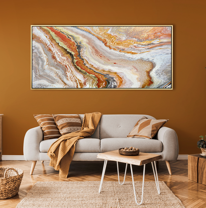 ABSTRACT painting of flowing colours: golds, light golds, ochre, chocolate, champagne pink pink, beige and cheeky hints of olive green
It has incredible depth while evoking a feeling of peace!
The closer you get to the painting the more of the interesting details and patterns you can see. Metallics add an extra depth because the painting changes personality when one views from different angles. The sage green adds an extra strip of class. it fits in to almost any type of room and on any colour wall.
it is a liquid pour 