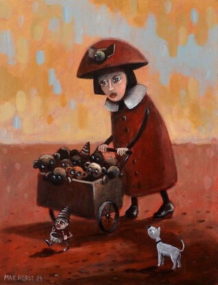 In the bustling streets of imagination, where nostalgia dances with wonder, Max Horst unveils the enchanting scene of the “Toy Seller.” Here’s what unfolds within the canvas:

The Red-Coated Figure:
A figure stands at the heart of the composition, wrapped in a vibrant red coat—a beacon of attention.
The coat’s hue suggests warmth, perhaps echoing the joy of childhood memories.
The Wooden Cart:
The toy seller pushes a wooden cart—an heirloom of playfulness. Its wheels creak with stories.
The cart overflows with plush toy animals—each one stitched with dreams. Dogs, cats, and creatures unknown nestle together.