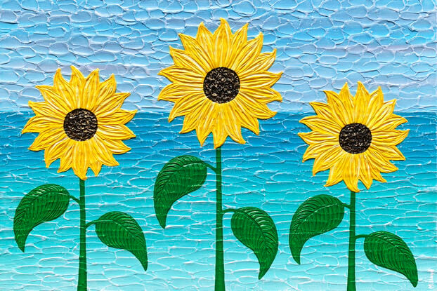 yellow textured thick paint palette knife sunflowers on a coastal water blue background