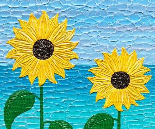 yellow textured thick paint palette knife sunflowers on a coastal water blue background