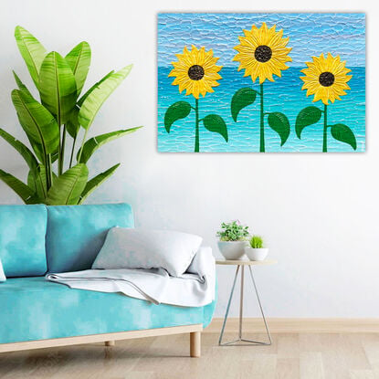 yellow textured thick paint palette knife sunflowers on a coastal water blue background