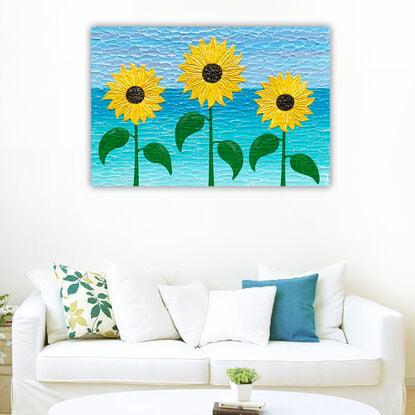 yellow textured thick paint palette knife sunflowers on a coastal water blue background